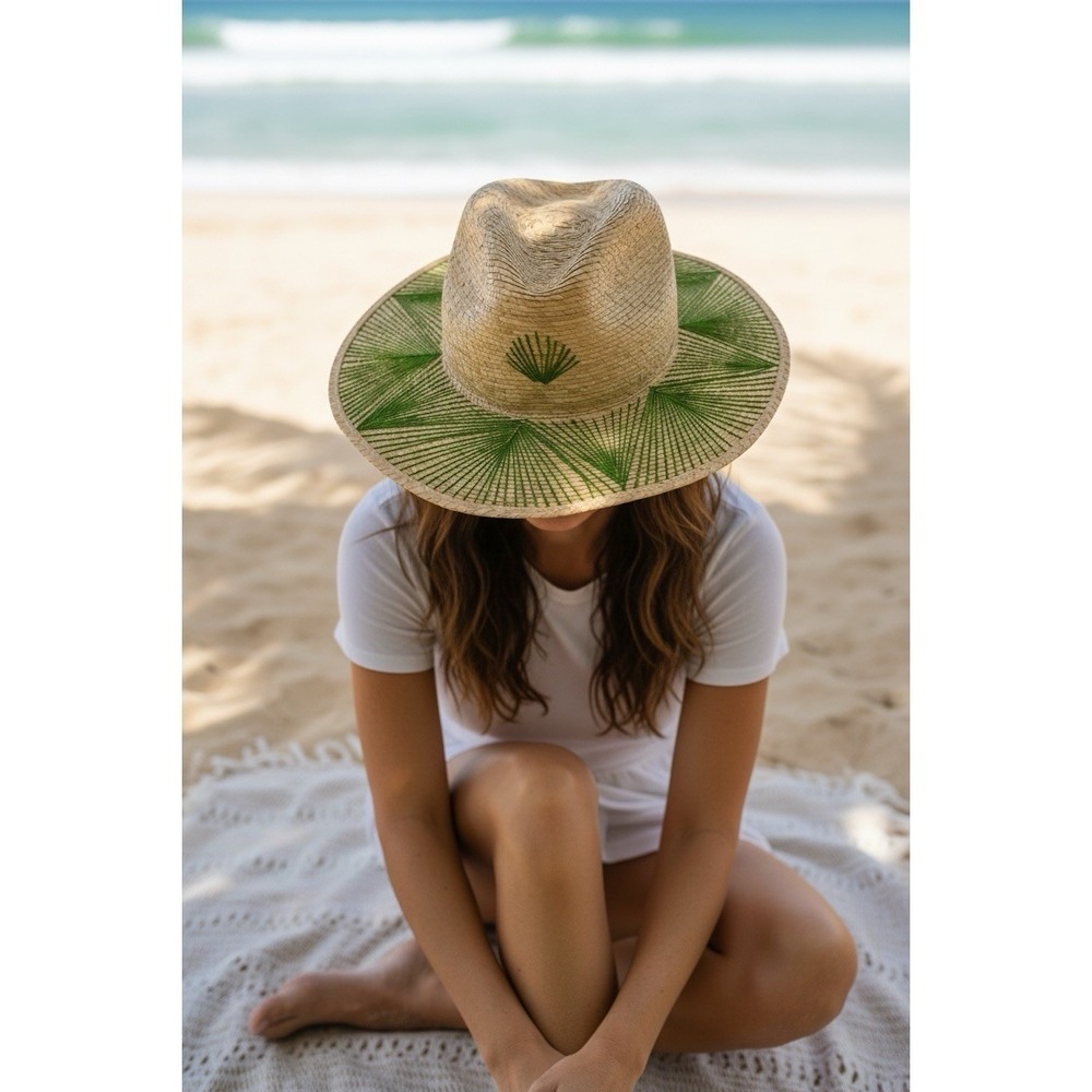 Natural‎ Palm Embroidered Summer Sun Hat Wide Brim Boho Beach Tropical Vacation